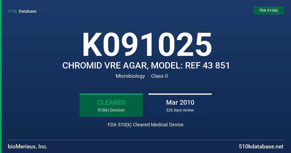 K091025 CHROMID VRE AGAR, MODEL: REF 43 851 FDA 510(k) Cleared Medical Device