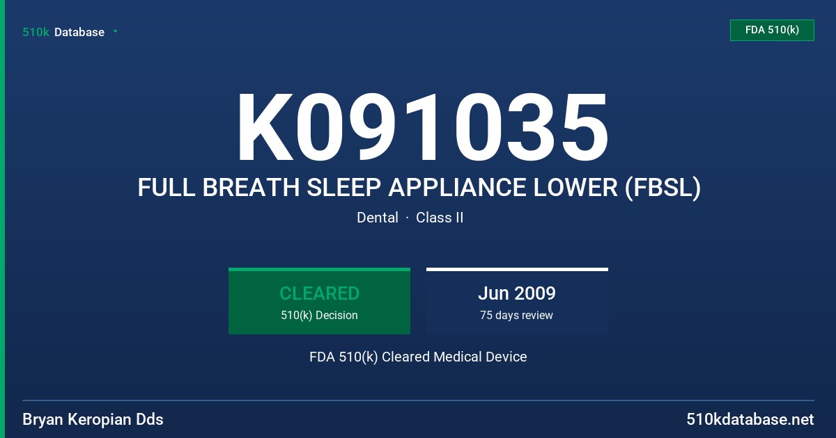 K091035 FULL BREATH SLEEP APPLIANCE LOWER (FBSL) FDA 510(k) Cleared Medical Device