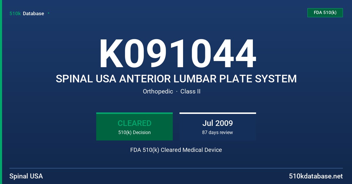 K091044 SPINAL USA ANTERIOR LUMBAR PLATE SYSTEM FDA 510(k) Cleared Medical Device