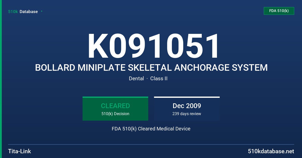 K091051 BOLLARD MINIPLATE SKELETAL ANCHORAGE SYSTEM FDA 510(k) Cleared Medical Device