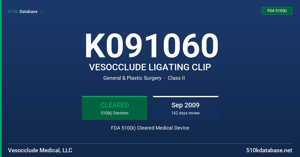 K091060 VESOCCLUDE LIGATING CLIP FDA 510(k) Cleared Medical Device