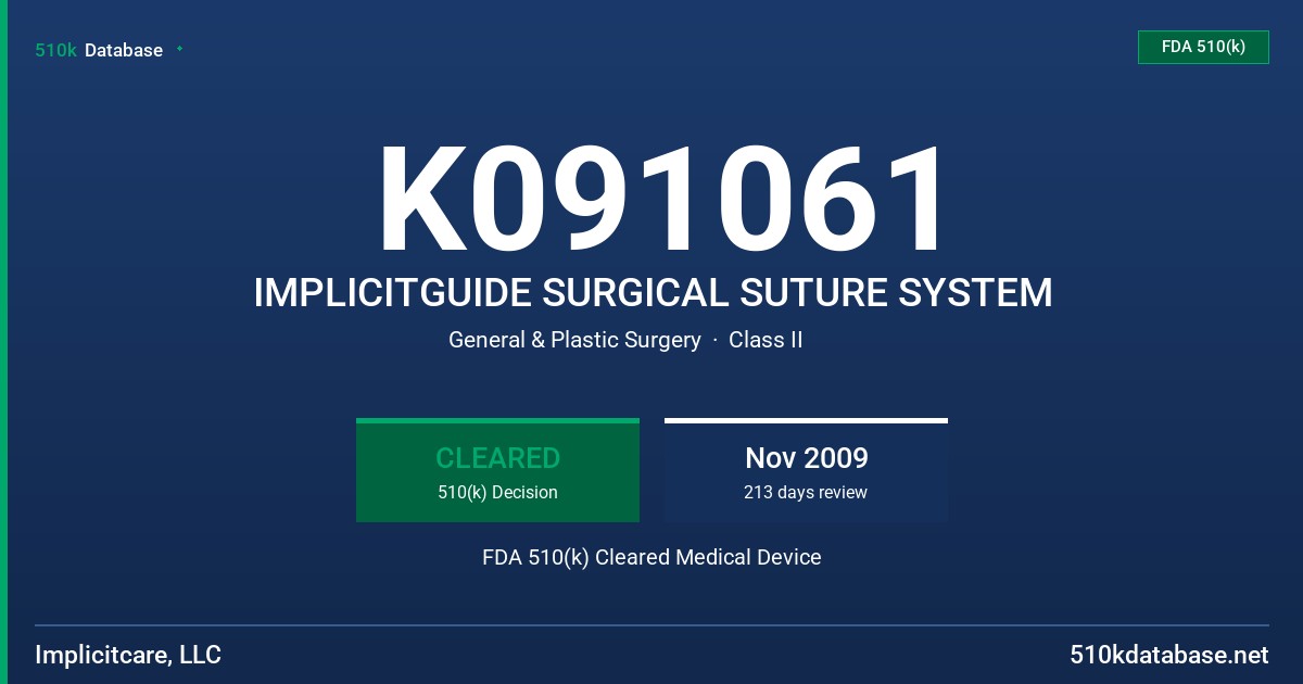 K091061 IMPLICITGUIDE SURGICAL SUTURE SYSTEM FDA 510(k) Cleared Medical Device