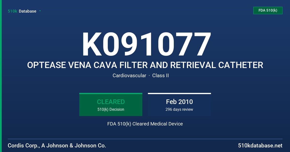 K091077 OPTEASE VENA CAVA FILTER AND RETRIEVAL CATHETER FDA 510(k) Cleared Medical Device