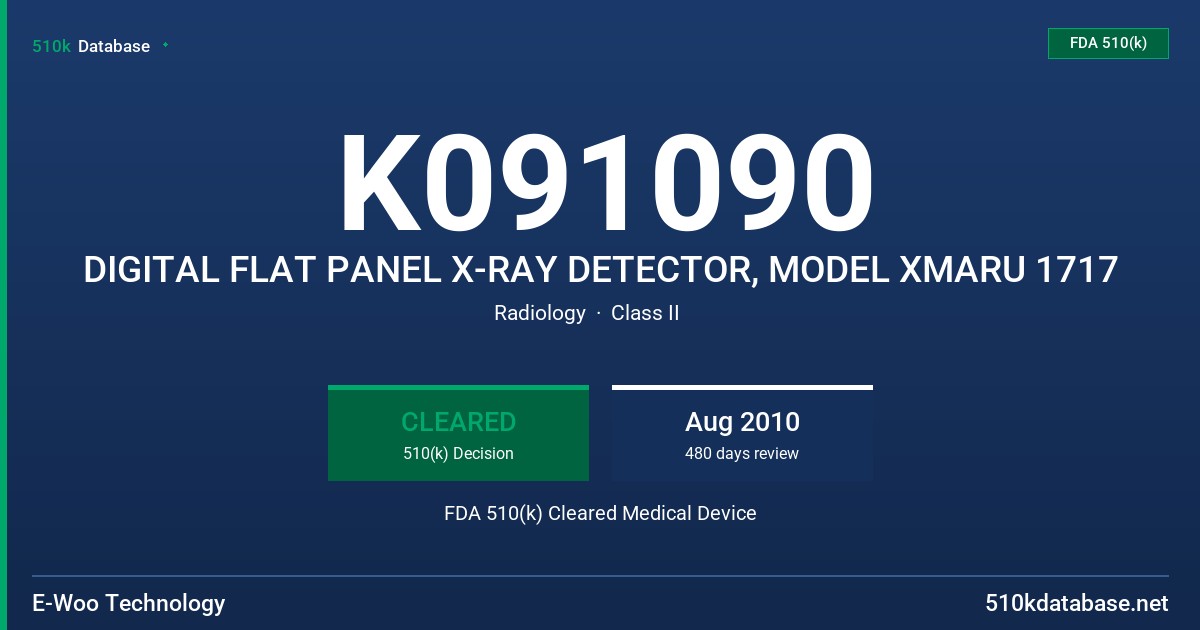 K091090 DIGITAL FLAT PANEL X-RAY DETECTOR, MODEL XMARU 1717 FDA 510(k) Cleared Medical Device