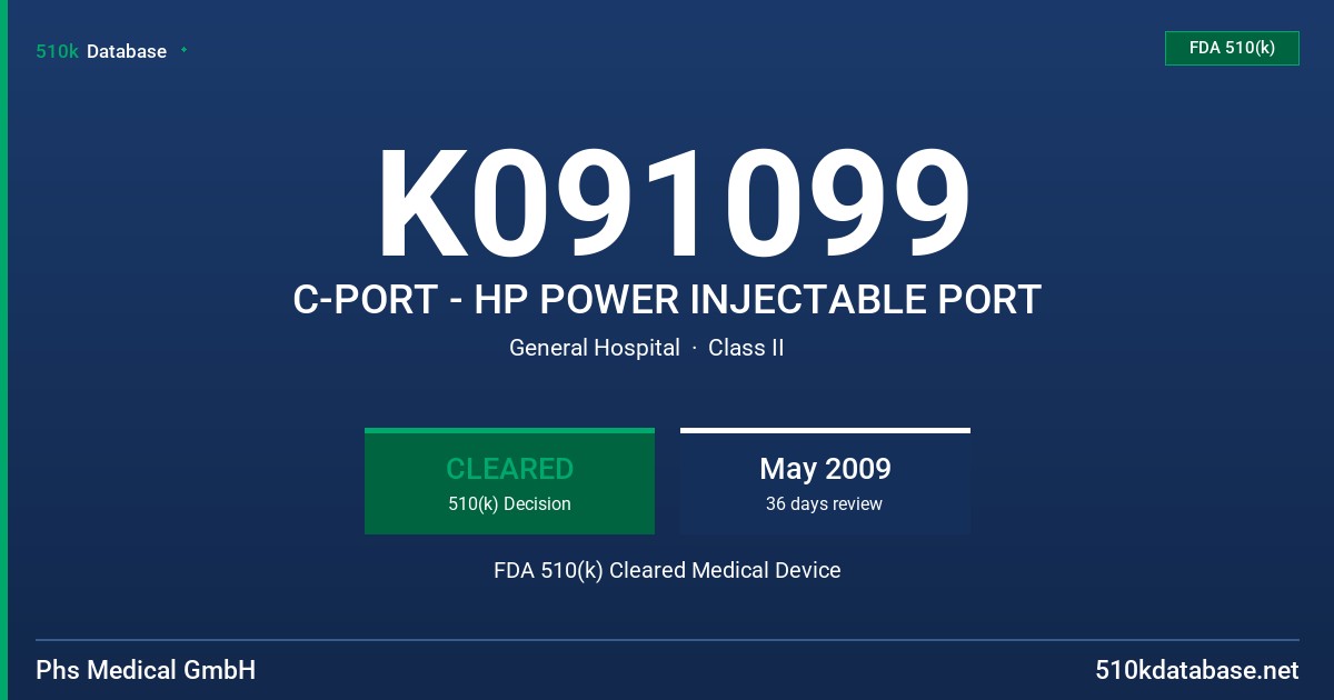 K091099 C-PORT - HP POWER INJECTABLE PORT FDA 510(k) Cleared Medical Device