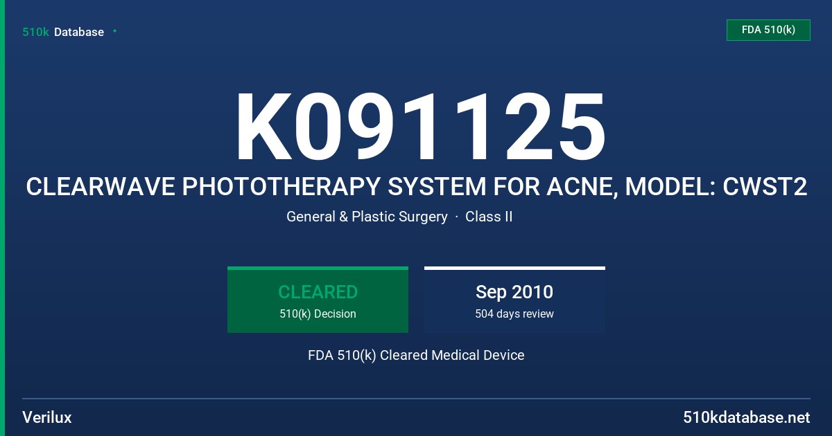 K091125 CLEARWAVE PHOTOTHERAPY SYSTEM FOR ACNE, MODEL: CWST2 FDA 510(k) Cleared Medical Device
