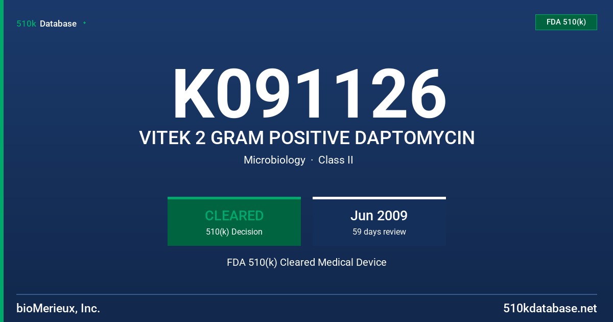 K091126 VITEK 2 GRAM POSITIVE DAPTOMYCIN FDA 510(k) Cleared Medical Device