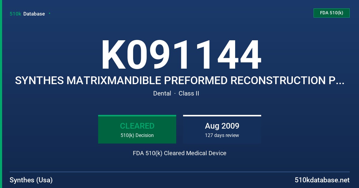K091144 SYNTHES MATRIXMANDIBLE PREFORMED RECONSTRUCTION PLATES FDA 510(k) Cleared Medical Device