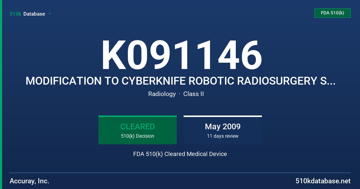 K091146 MODIFICATION TO CYBERKNIFE ROBOTIC RADIOSURGERY SYSTEM FDA 510(k) Cleared Medical Device