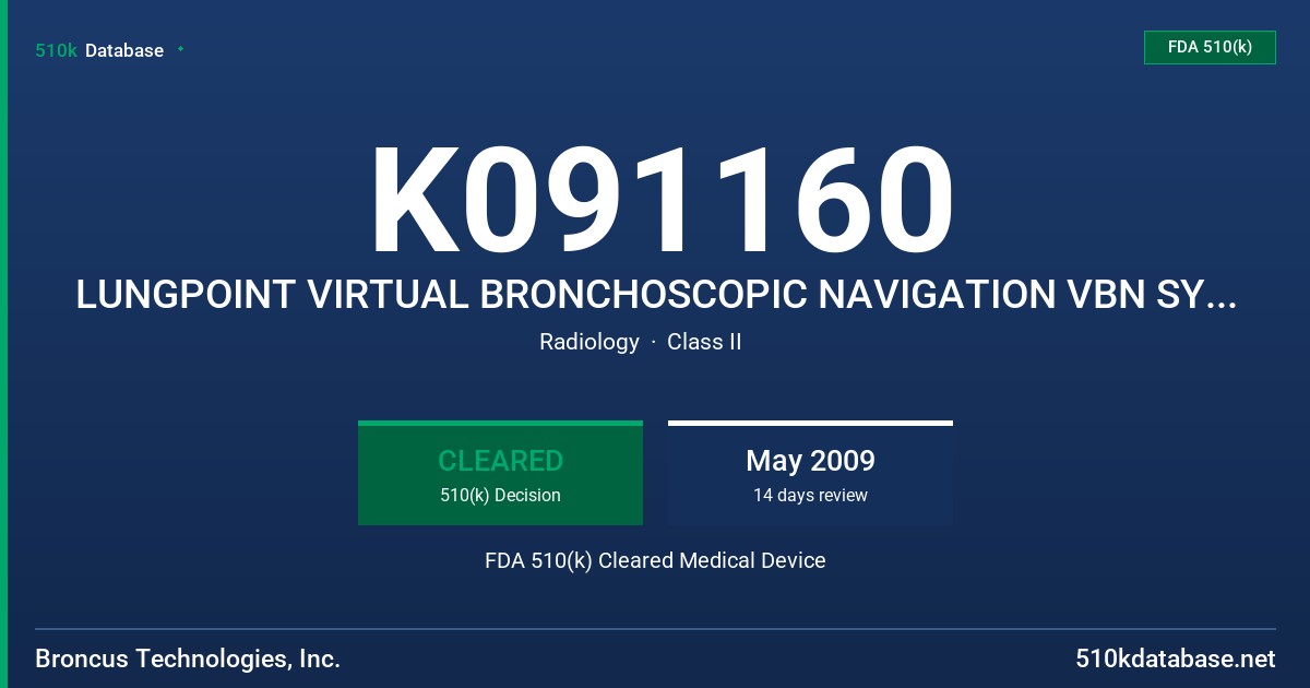 K091160 LUNGPOINT VIRTUAL BRONCHOSCOPIC NAVIGATION VBN SYSTEM FDA 510(k) Cleared Medical Device