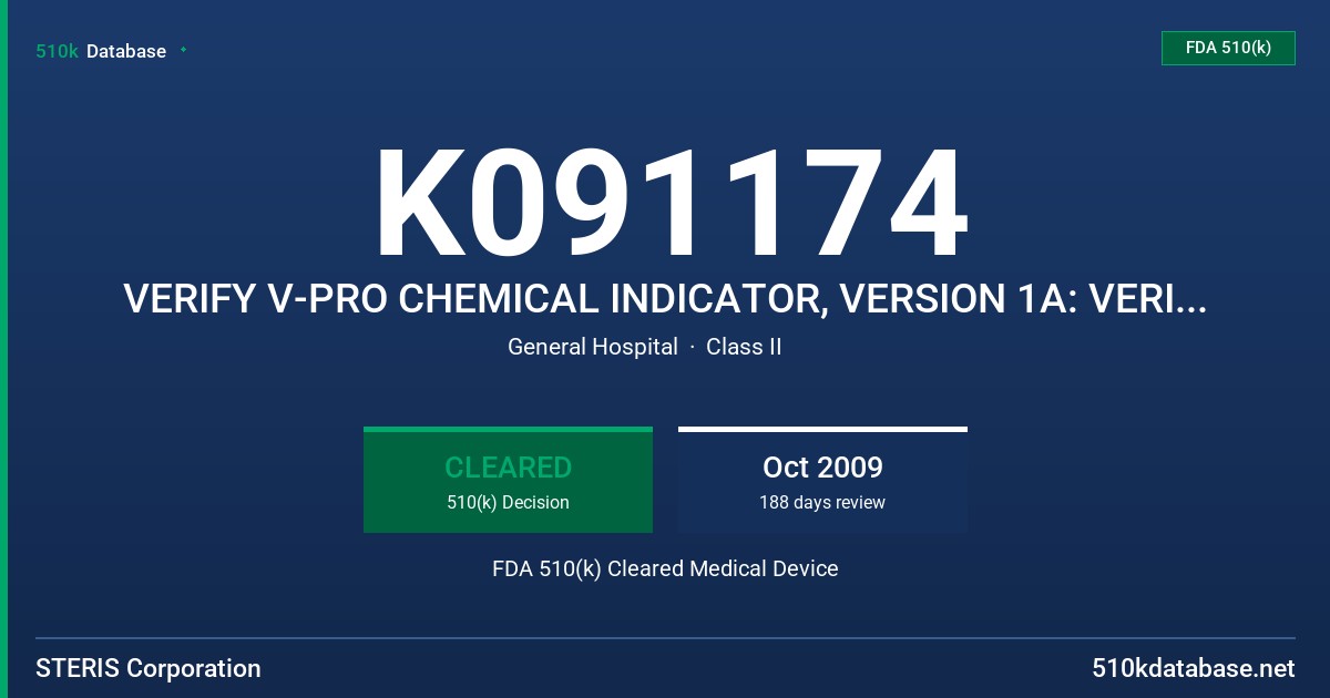K091174 VERIFY V-PRO CHEMICAL INDICATOR, VERSION 1A: VERIFY V-PRO CHEMICAL INDICATOR FDA 510(k) Cleared Medical Device