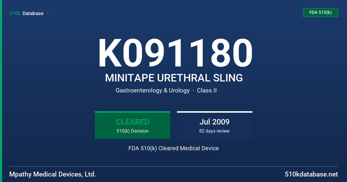 K091180 MINITAPE URETHRAL SLING FDA 510(k) Cleared Medical Device