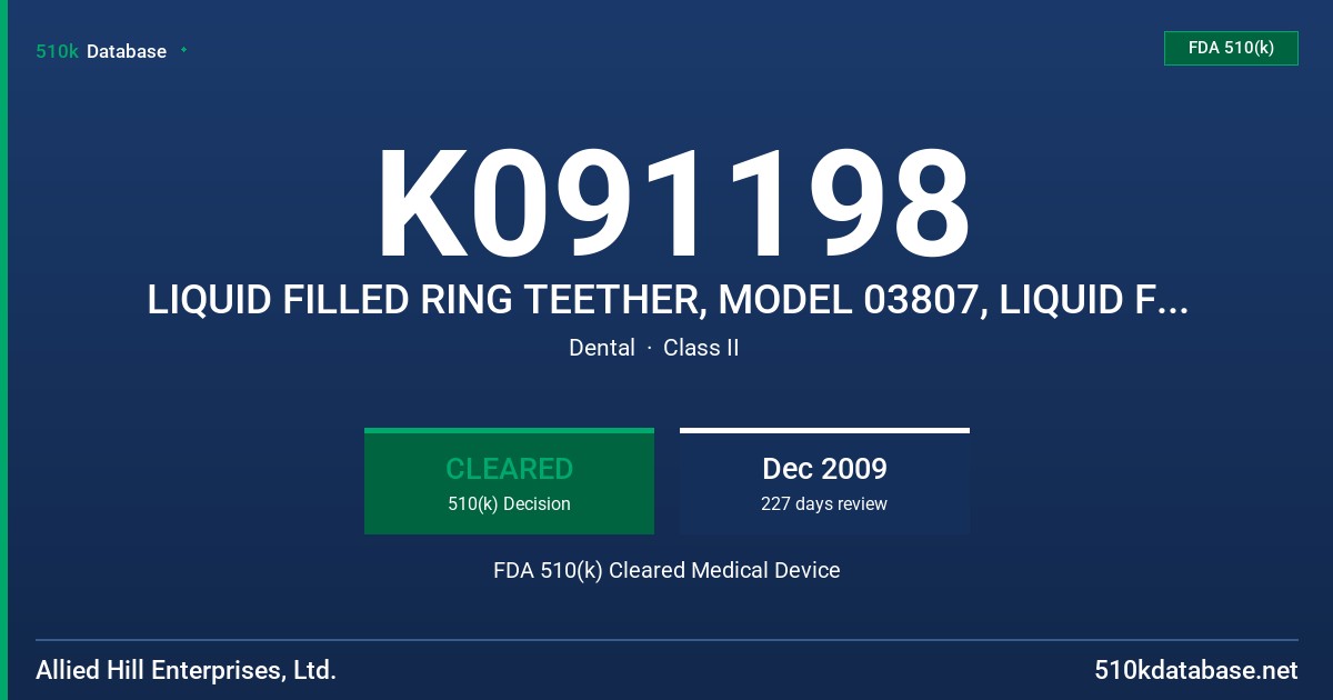 K091198 LIQUID FILLED RING TEETHER, MODEL 03807, LIQUID FILLED RING TEETHER, MODELS 1962005, 1962011, LIQUID FILLED TEETHING FDA 510(k) Cleared Medical Device