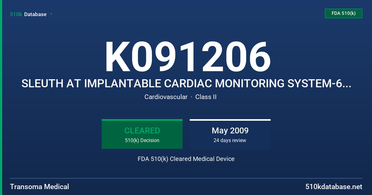 K091206 SLEUTH AT IMPLANTABLE CARDIAC MONITORING SYSTEM-6 AND 8CM ANTENNA, PERSONAL DIAGNOSTIC MANAGER(PDM) ACCESSORY KIT, MODEL FDA 510(k) Cleared Medical Device