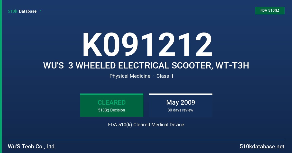 K091212 WU'S  3 WHEELED ELECTRICAL SCOOTER, WT-T3H FDA 510(k) Cleared Medical Device