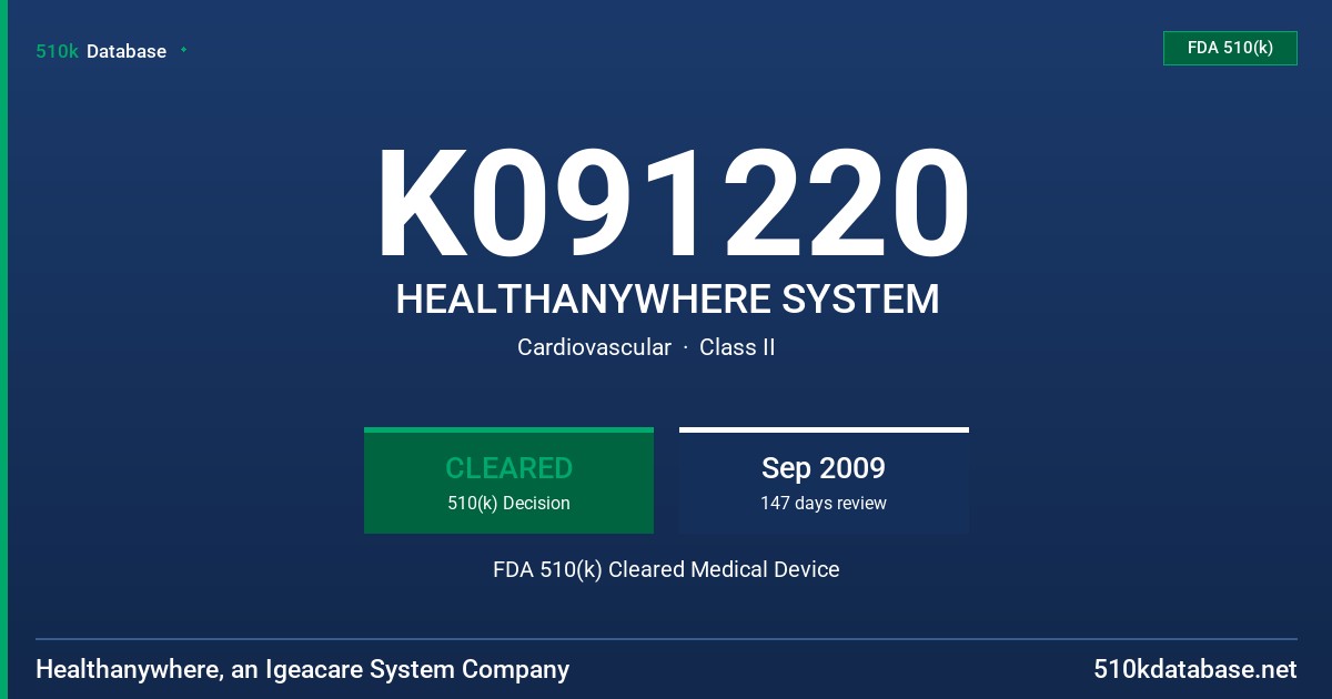 K091220 HEALTHANYWHERE SYSTEM FDA 510(k) Cleared Medical Device