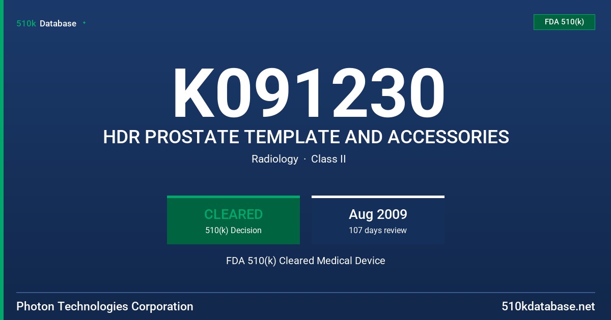 K091230 HDR PROSTATE TEMPLATE AND ACCESSORIES FDA 510(k) Cleared Medical Device