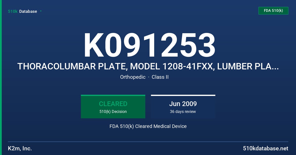 K091253 THORACOLUMBAR PLATE, MODEL 1208-41FXX, LUMBER PLATE, MODEL 1208-41FXXL, SACRAL PLATE, MODEL 1208-41FXXS FDA 510(k) Cleared Medical Device
