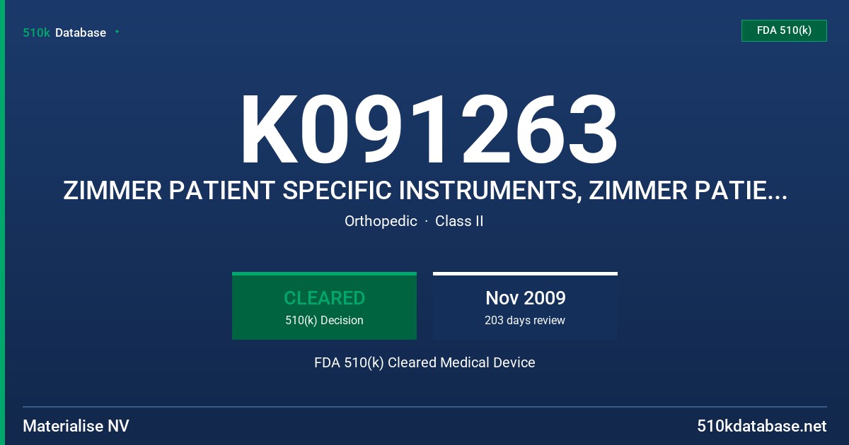 K091263 ZIMMER PATIENT SPECIFIC INSTRUMENTS, ZIMMER PATIENT SPECIFIC INSTRUMENTS PLANNER, MODEL 1.1 (4.3.0.35) FDA 510(k) Cleared Medical Device