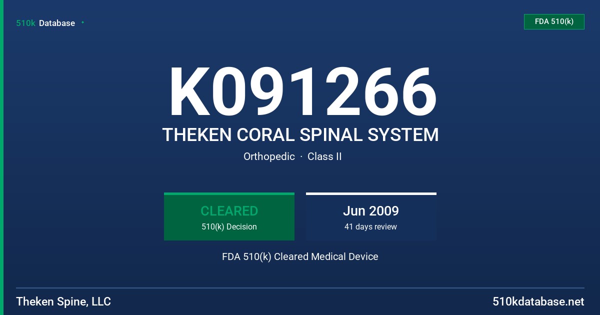 K091266 THEKEN CORAL SPINAL SYSTEM FDA 510(k) Cleared Medical Device