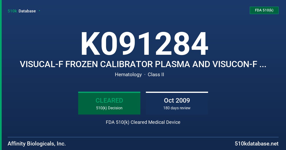 K091284 VISUCAL-F FROZEN CALIBRATOR PLASMA AND VISUCON-F FROZEN NORMAL AND ABNORMAL CONTROL PLASMA FDA 510(k) Cleared Medical Device