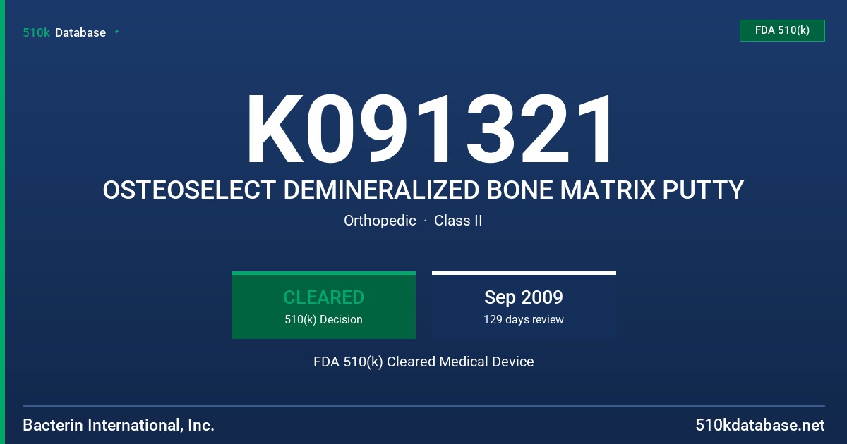 K091321 OSTEOSELECT DEMINERALIZED BONE MATRIX PUTTY FDA 510(k) Cleared Medical Device