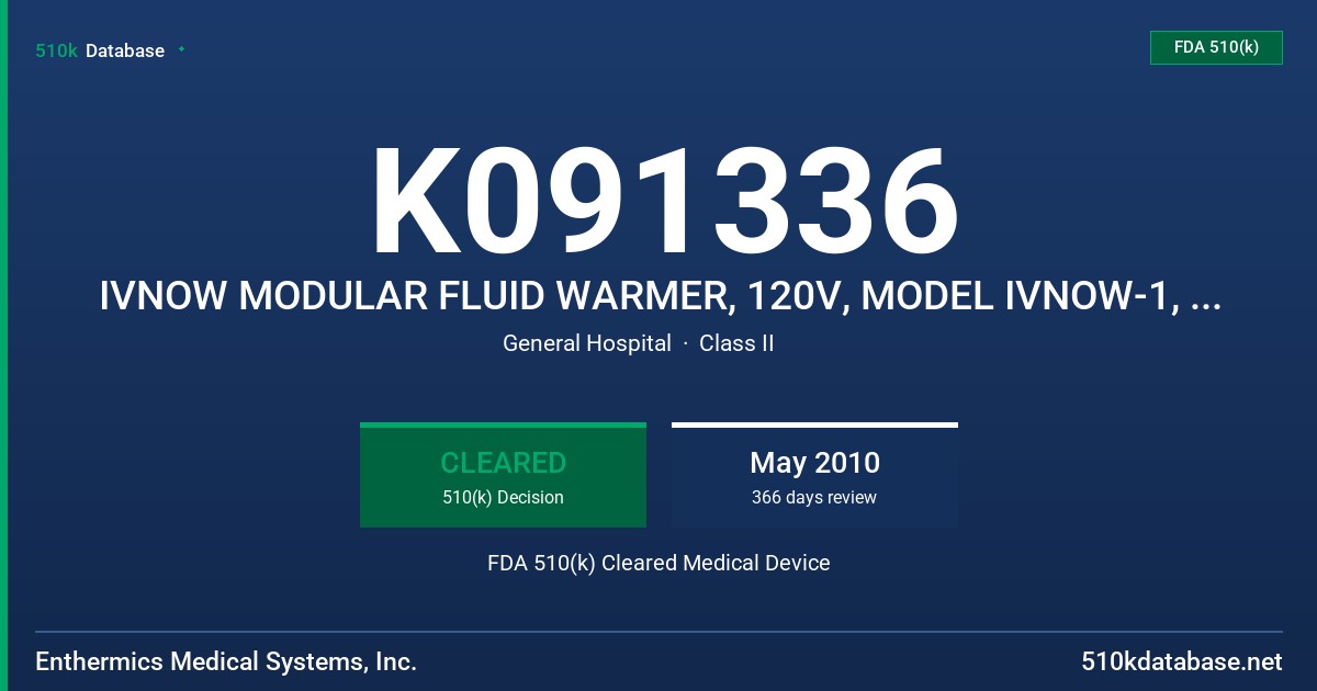K091336 IVNOW MODULAR FLUID WARMER, 120V, MODEL IVNOW-1, IVNOW-2, IVNOW-3, IVNOW-6, IVNOW MODULAR FLUID WARMER 230V FDA 510(k) Cleared Medical Device