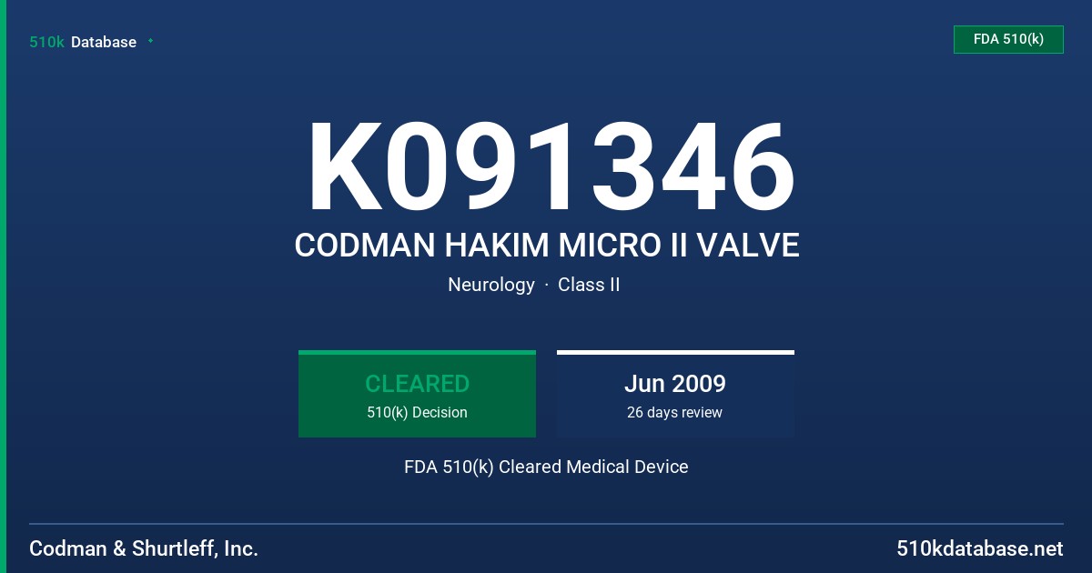 K091346 CODMAN HAKIM MICRO II VALVE FDA 510(k) Cleared Medical Device