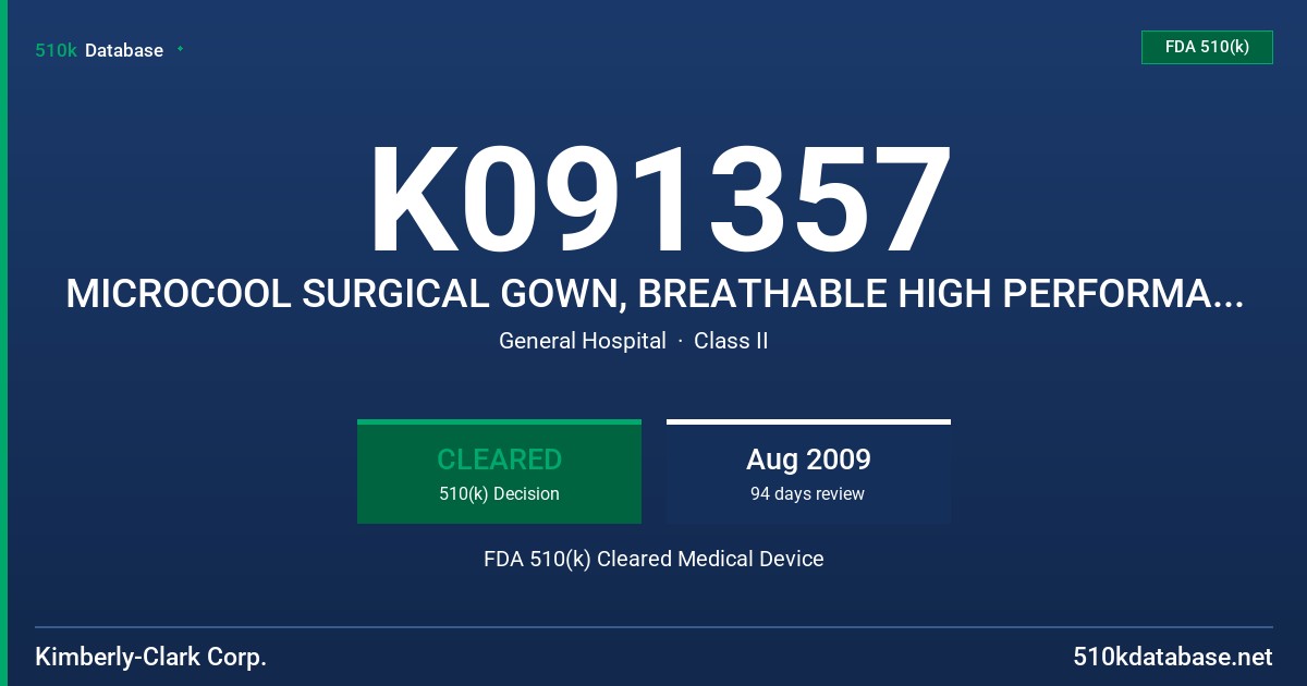 K091357 MICROCOOL SURGICAL GOWN, BREATHABLE HIGH PERFORMANCE KC400 FDA 510(k) Cleared Medical Device