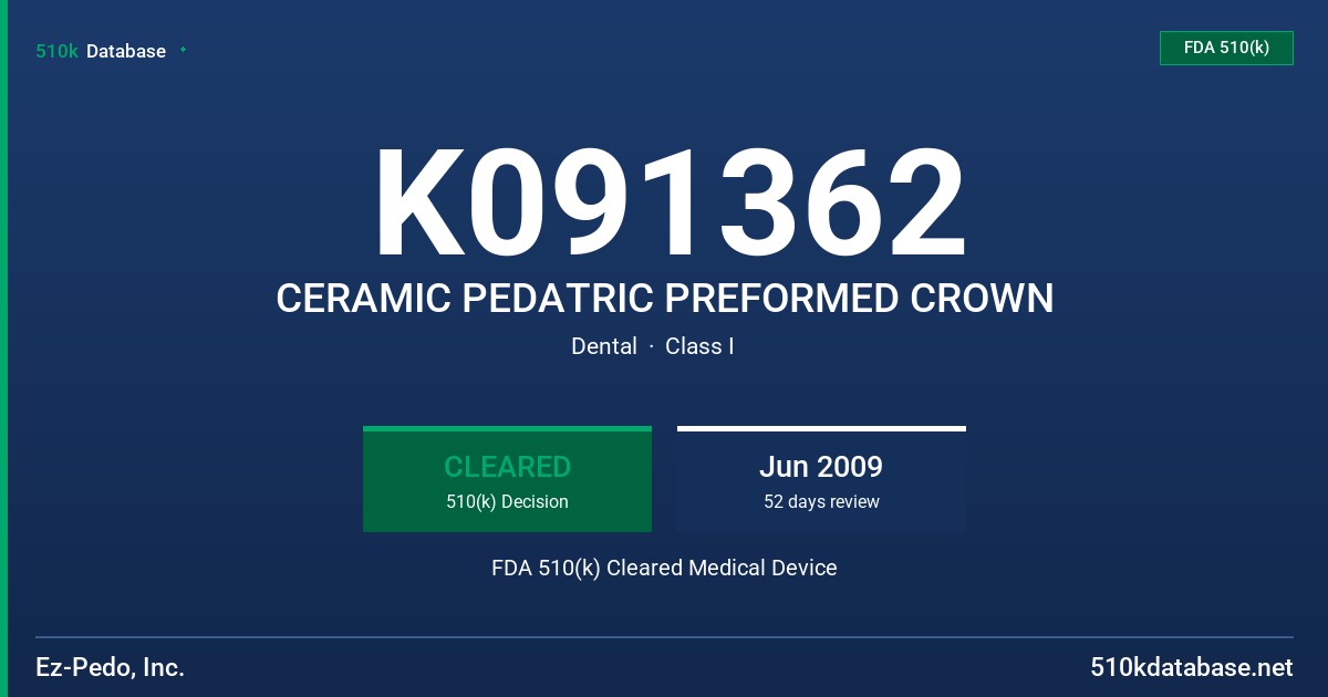 K091362 CERAMIC PEDATRIC PREFORMED CROWN FDA 510(k) Cleared Medical Device