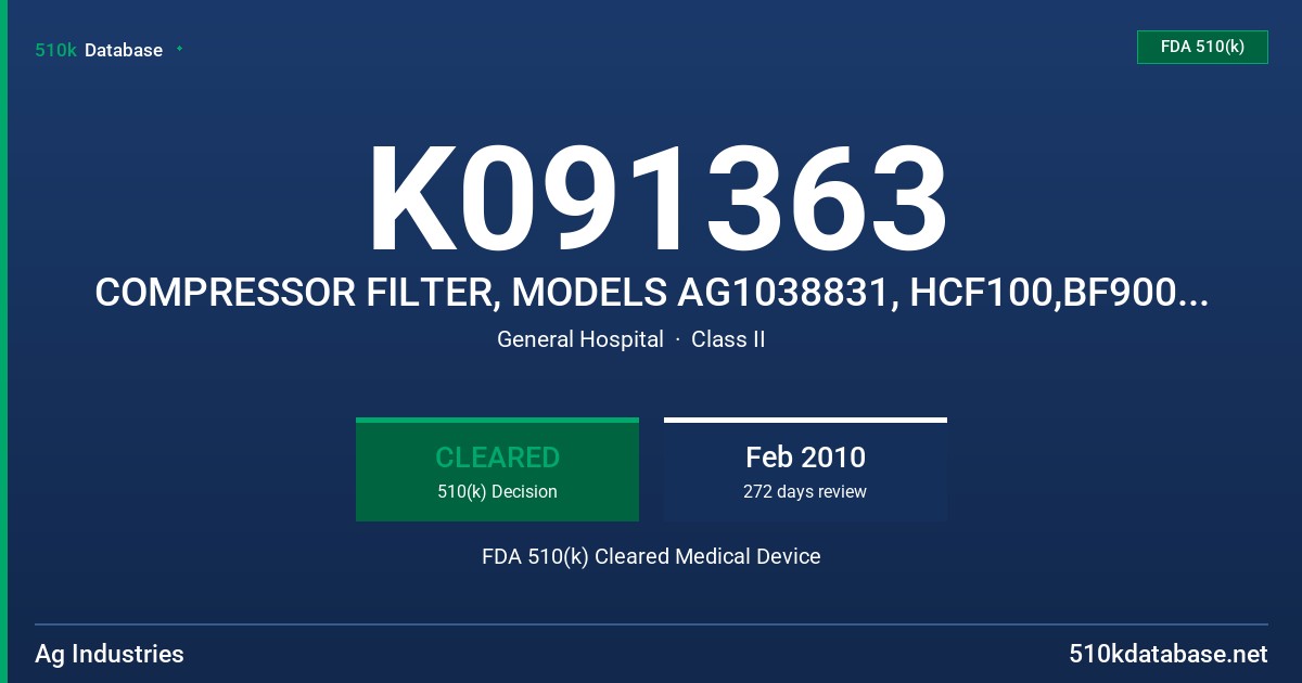 K091363 COMPRESSOR FILTER, MODELS AG1038831, HCF100,BF900,BF910,BF950, LL201, LL202, LL205, BACTERIA FILTER FDA 510(k) Cleared Medical Device