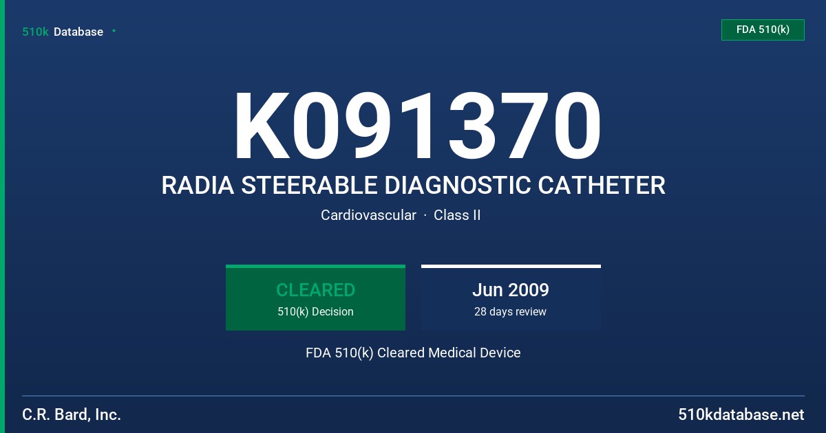 K091370 RADIA STEERABLE DIAGNOSTIC CATHETER FDA 510(k) Cleared Medical Device