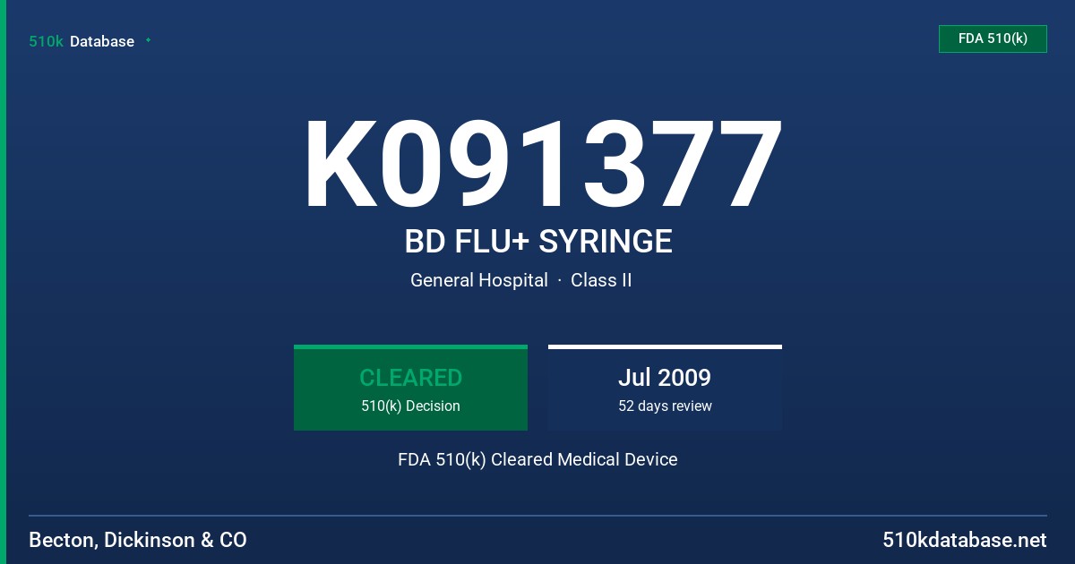 K091377 BD FLU+ SYRINGE FDA 510(k) Cleared Medical Device
