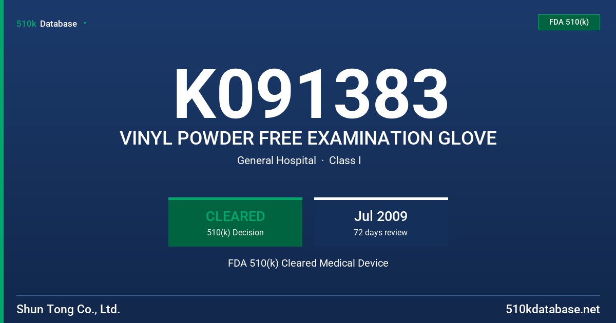 K091383 VINYL POWDER FREE EXAMINATION GLOVE FDA 510(k) Cleared Medical Device