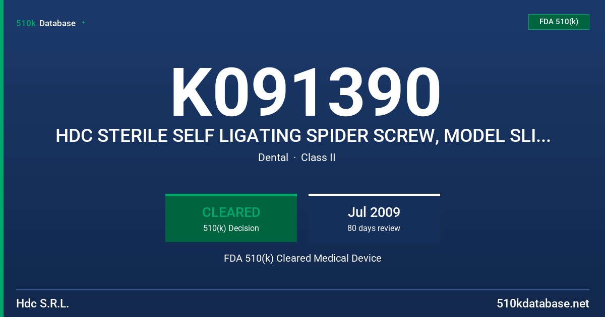 K091390 HDC STERILE SELF LIGATING SPIDER SCREW, MODEL SLI,SL2 FDA 510(k) Cleared Medical Device