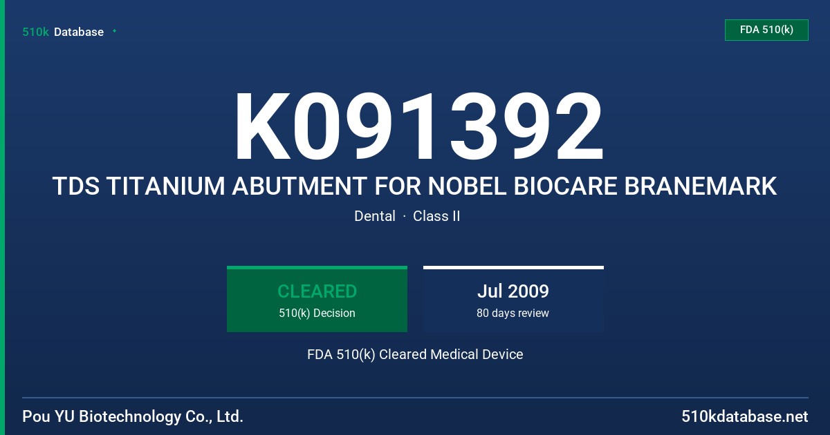 K091392 TDS TITANIUM ABUTMENT FOR NOBEL BIOCARE BRANEMARK FDA 510(k) Cleared Medical Device