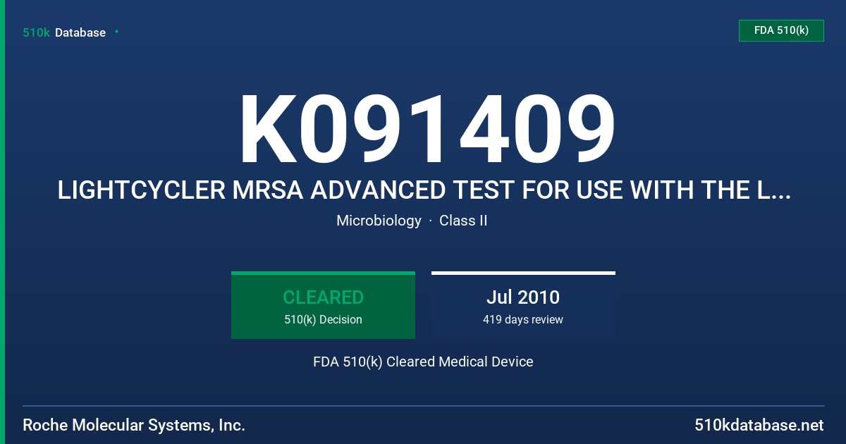 K091409 LIGHTCYCLER MRSA ADVANCED TEST FOR USE WITH THE LIGHTCYCLER 2.0 INSTRUMENT, MODEL 05205727 FDA 510(k) Cleared Medical Device