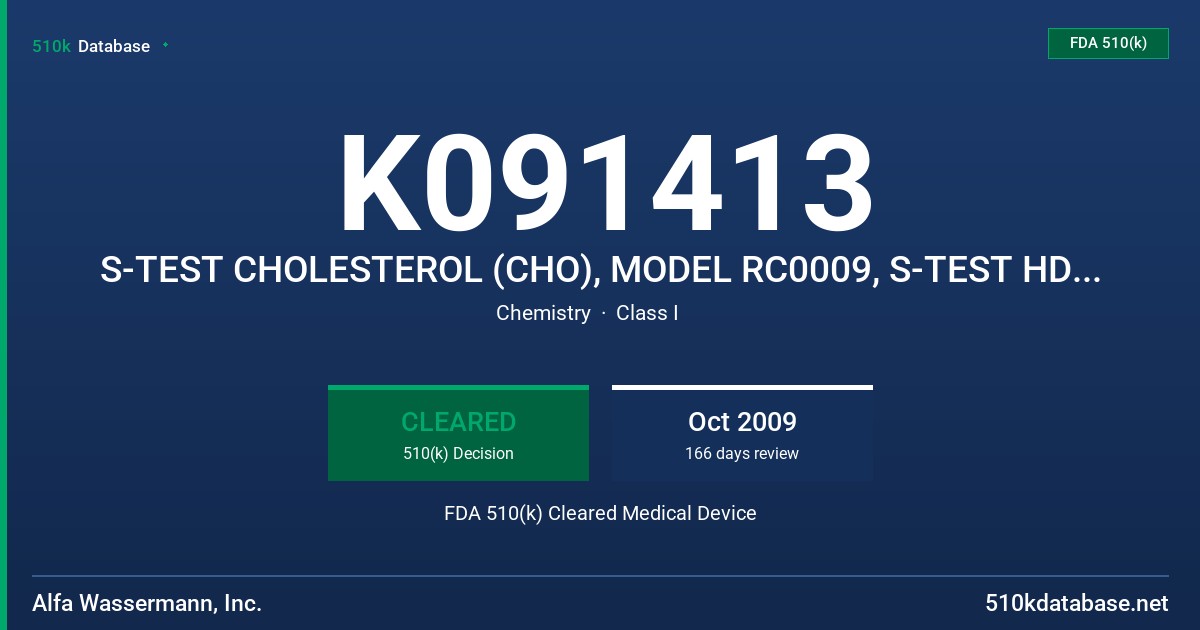K091413 S-TEST CHOLESTEROL (CHO), MODEL RC0009, S-TEST HDL CHOLESTEROL (HDL), MODEL RC0015, S-TEST TRIGLYCERIDES (TG) FDA 510(k) Cleared Medical Device