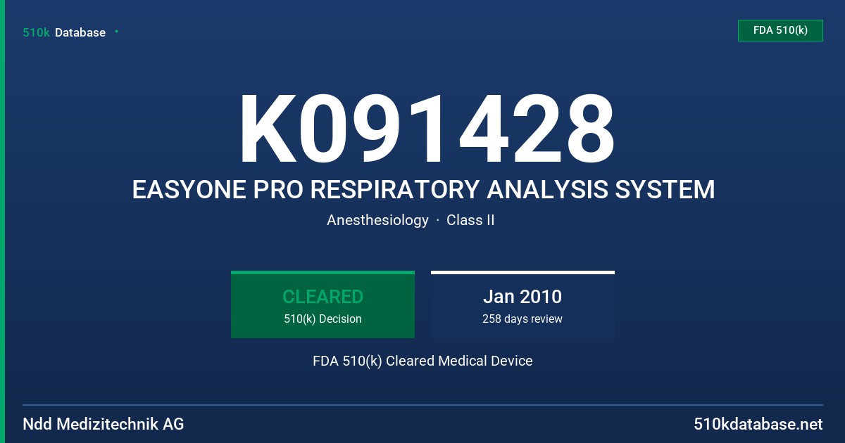 K091428 EASYONE PRO RESPIRATORY ANALYSIS SYSTEM FDA 510(k) Cleared Medical Device