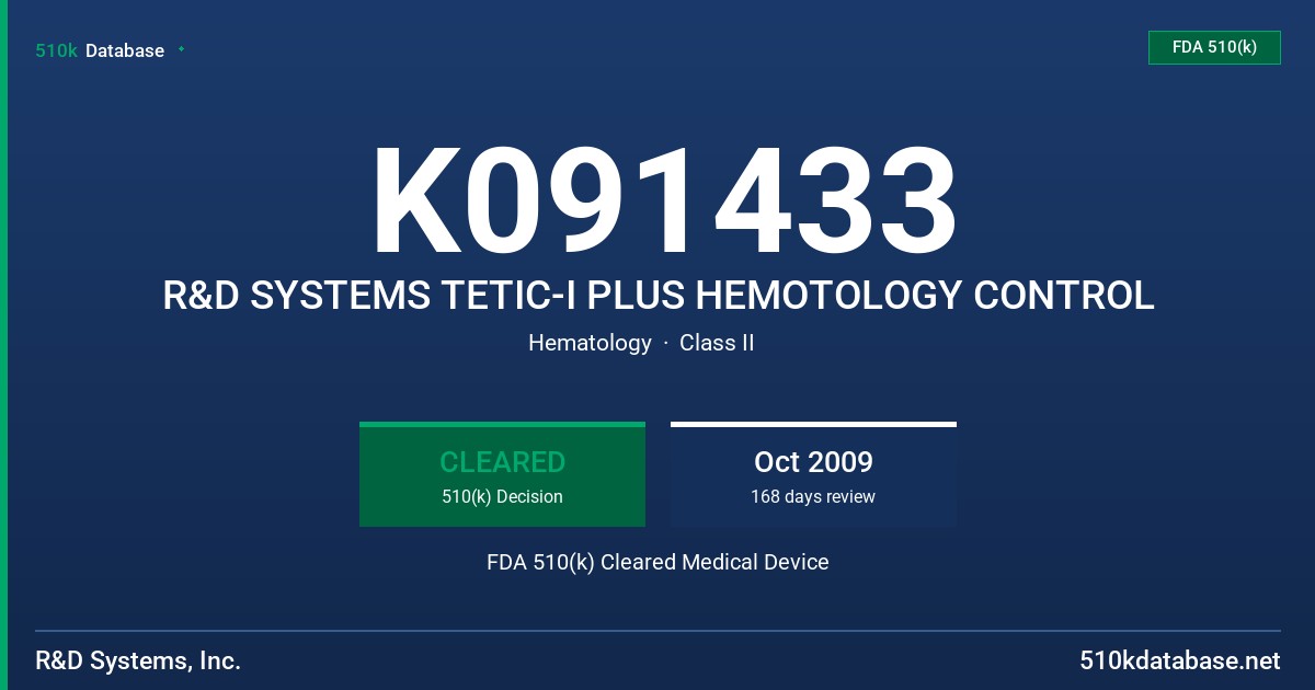 K091433 R&D SYSTEMS TETIC-I PLUS HEMOTOLOGY CONTROL FDA 510(k) Cleared Medical Device