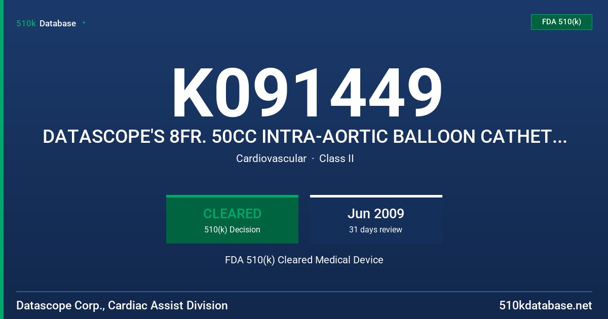 K091449 DATASCOPE'S 8FR. 50CC INTRA-AORTIC BALLOON CATHETER AND ACCESSORIES, MODELS 0684,00-0498-01, 02 FDA 510(k) Cleared Medical Device