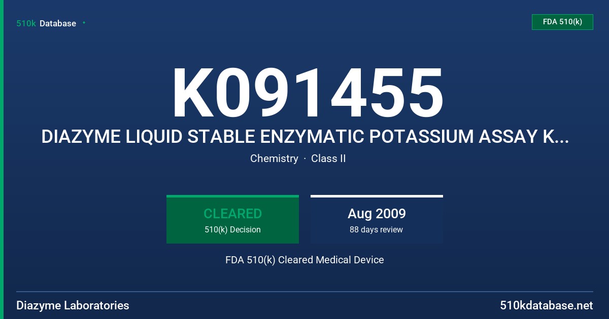 K091455 DIAZYME LIQUID STABLE ENZYMATIC POTASSIUM ASSAY KIT, MODEL DZ113C-X, DIAZYME LIQUID STABLE ENZYMATIC POTASSIUM ASSAY CAL FDA 510(k) Cleared Medical Device