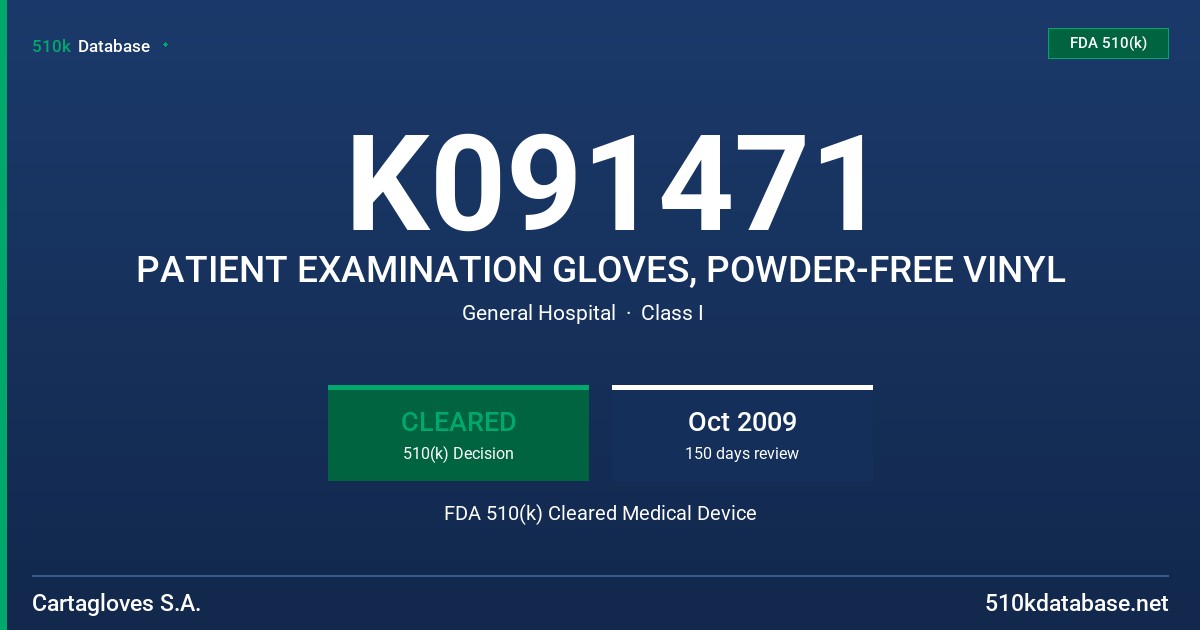 K091471 PATIENT EXAMINATION GLOVES, POWDER-FREE VINYL FDA 510(k) Cleared Medical Device