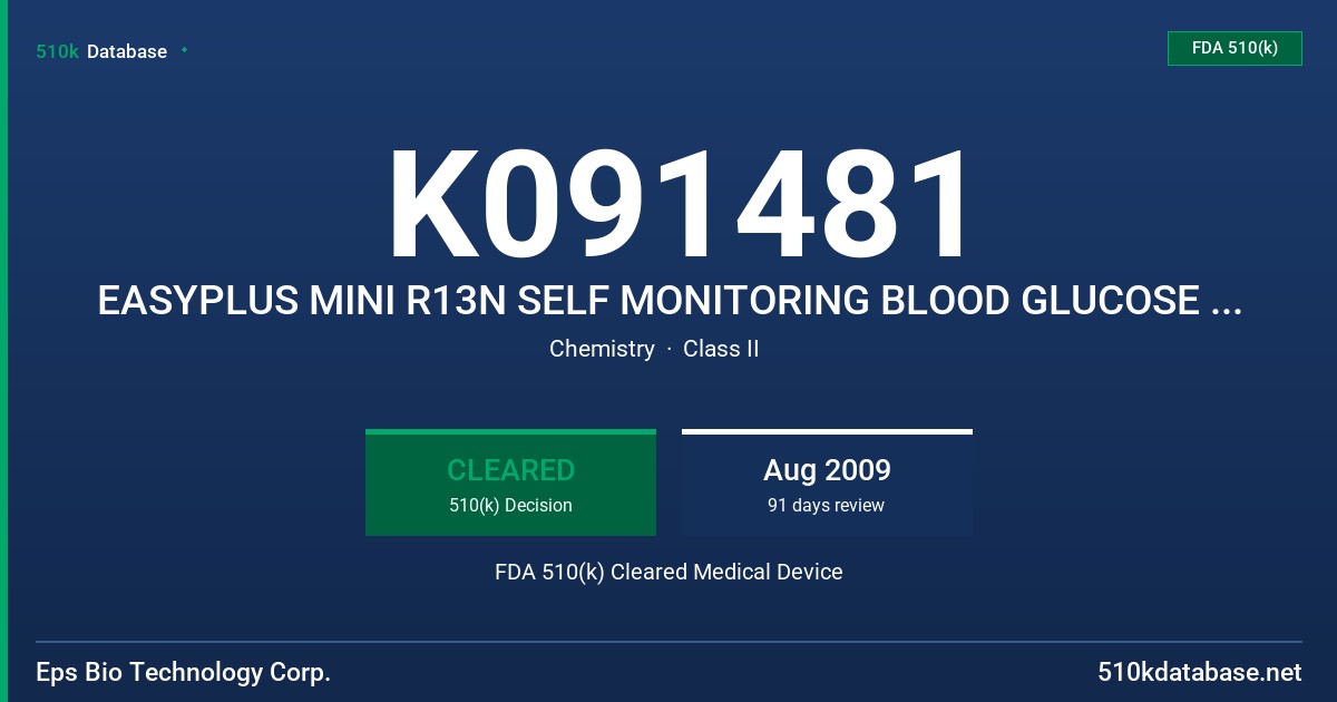 K091481 EASYPLUS MINI R13N SELF MONITORING BLOOD GLUCOSE SYSTEM FDA 510(k) Cleared Medical Device