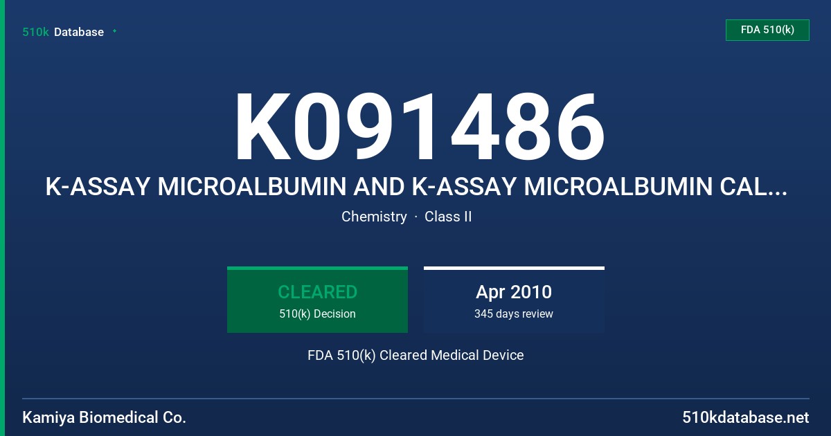 K091486 K-ASSAY MICROALBUMIN AND K-ASSAY MICROALBUMIN CALIBRATOR FDA 510(k) Cleared Medical Device