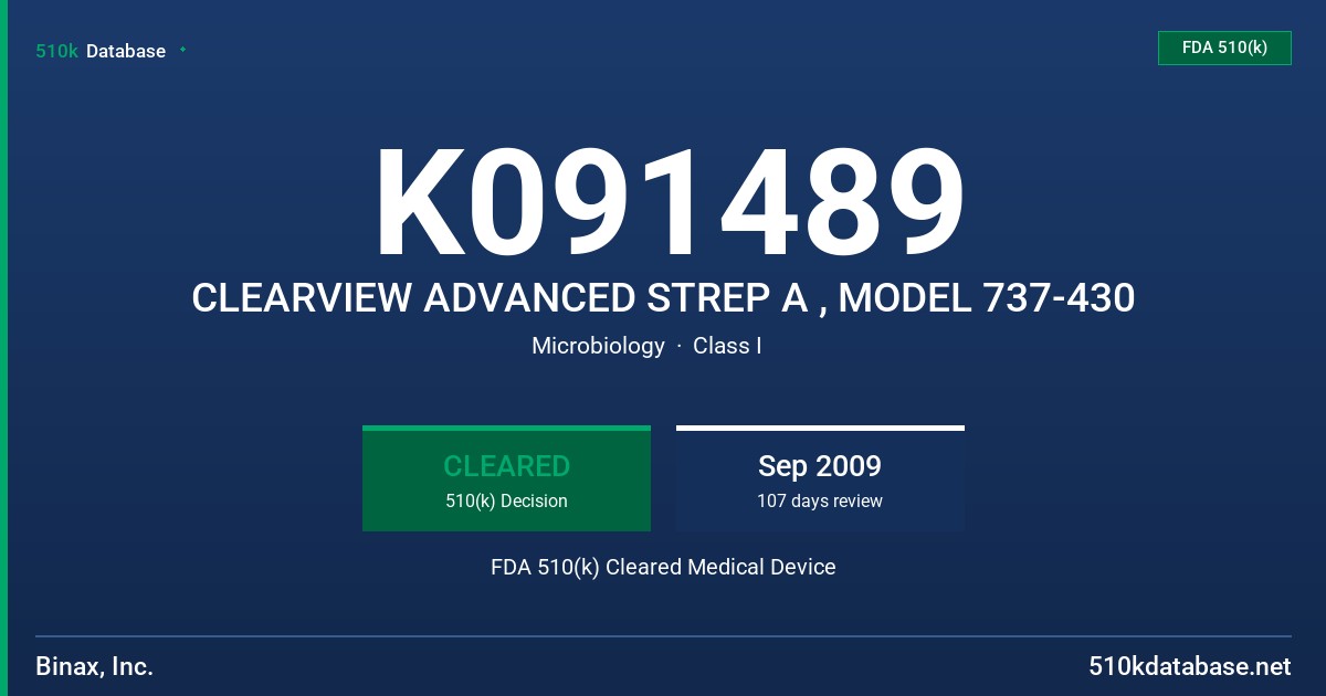 K091489 CLEARVIEW ADVANCED STREP A , MODEL 737-430 FDA 510(k) Cleared Medical Device