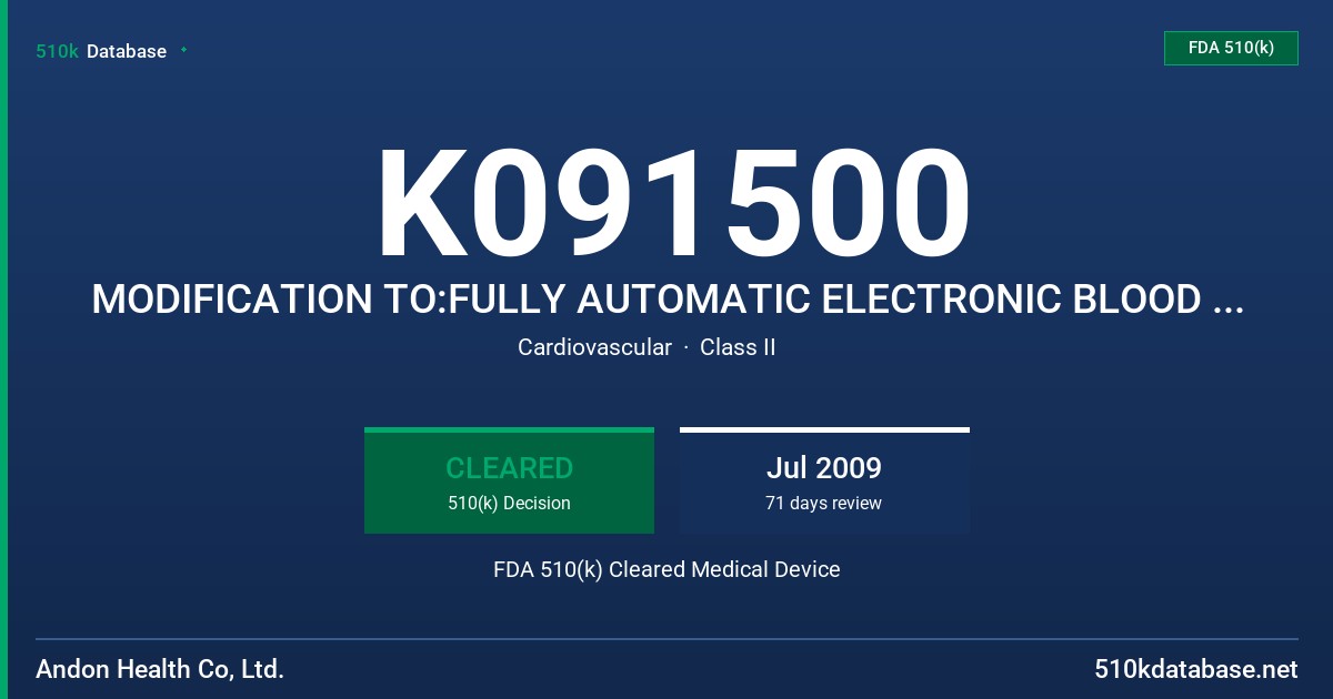 K091500 MODIFICATION TO:FULLY AUTOMATIC ELECTRONIC BLOOD PRESSURE MONITOR, MODEL KD-556 FDA 510(k) Cleared Medical Device