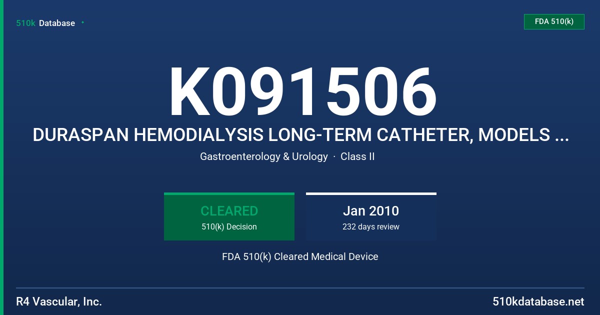 K091506 DURASPAN HEMODIALYSIS LONG-TERM CATHETER, MODELS 62152420, 621512820, 62153220, 62153620, 62154020, 62155520 FDA 510(k) Cleared Medical Device
