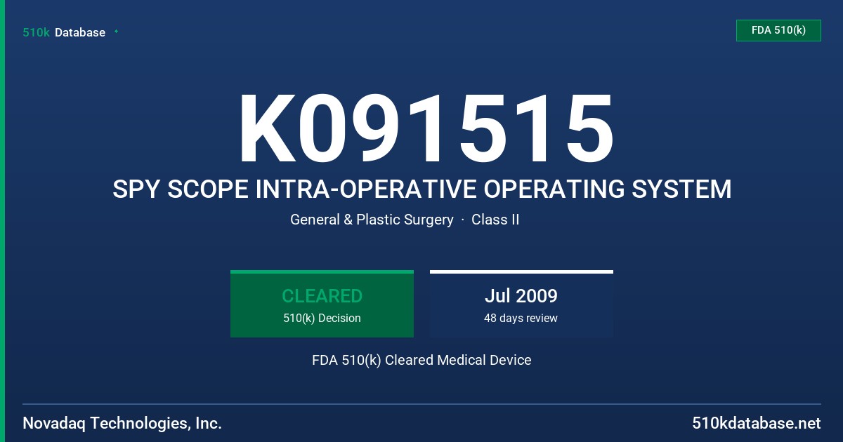 K091515 SPY SCOPE INTRA-OPERATIVE OPERATING SYSTEM FDA 510(k) Cleared Medical Device