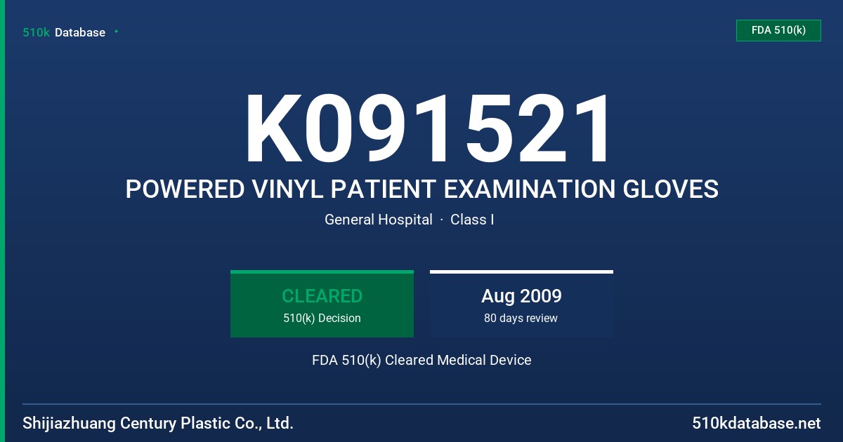 K091521 POWERED VINYL PATIENT EXAMINATION GLOVES FDA 510(k) Cleared Medical Device